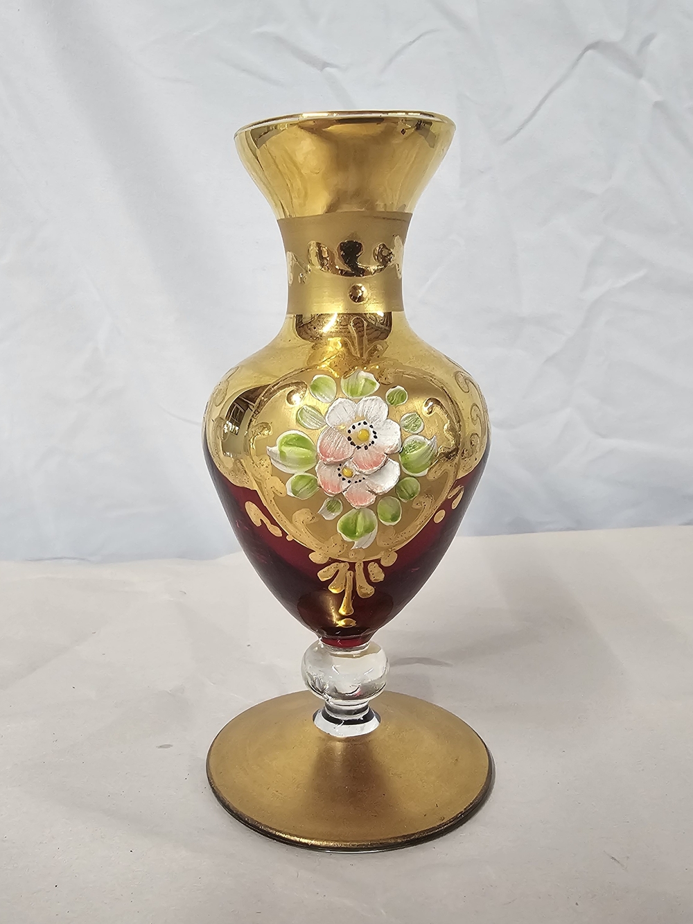 Vintage Murano Tre Fuochi Ruby Red Glass Vase 6.5” - 24K Gold Gilt Floral Relief